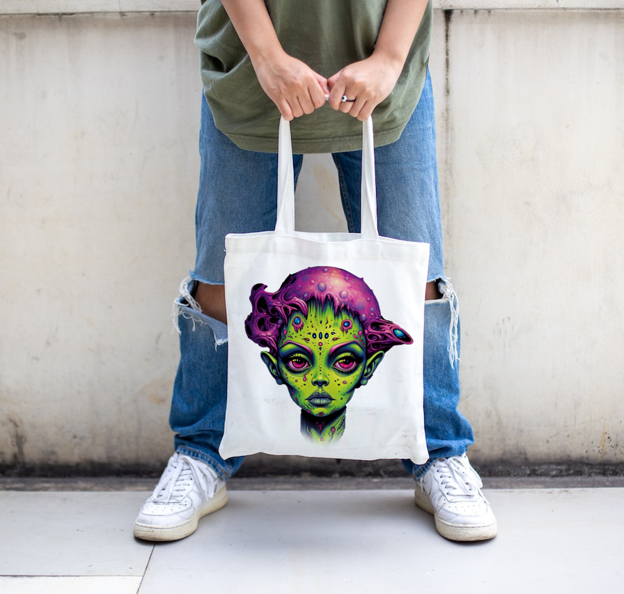 Tote Bag with Female Alien with purple hair and green skin